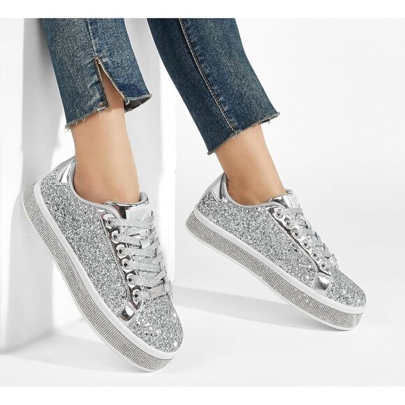 Women's Silver  Platform Glitter Sneakers | Sparkly Bling Shiny Dressy - Picture 7 of 9